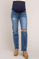 Blue Distressed Rolled Hem Maternity Jeans