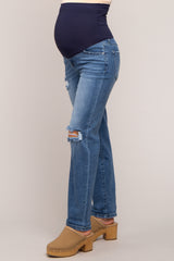 Blue Distressed Rolled Hem Maternity Jeans