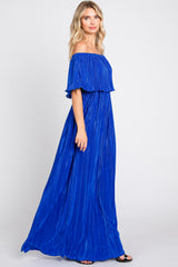 Royal Blue Pleated Plisse Ruffle Off-Shoulder Maxi Dress