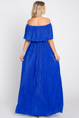 Royal Blue Pleated Plisse Ruffle Off-Shoulder Maxi Dress