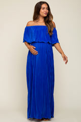 Royal Blue Pleated Plisse Ruffle Off-Shoulder Maternity Maxi Dress