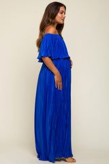 Royal Blue Pleated Plisse Ruffle Off-Shoulder Maternity Maxi Dress