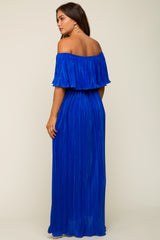 Royal Blue Pleated Plisse Ruffle Off-Shoulder Maternity Maxi Dress