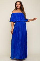 Royal Blue Pleated Plisse Ruffle Off-Shoulder Maternity Maxi Dress