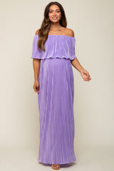 Lavender Pleated Plisse Ruffle Off-Shoulder Maternity Maxi Dress