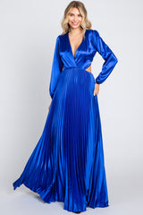 Royal Blue Satin Low Back Cutout Pleated Maternity Maxi Dress