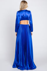 Royal Blue Satin Low Back Cutout Pleated Maxi Dress