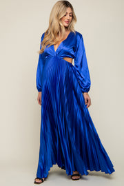 Royal Blue Satin Low Back Cutout Pleated Maternity Maxi Dress