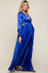 Royal Blue Satin Low Back Cutout Pleated Maternity Maxi Dress