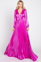 Magenta Satin Low Back Cutout Pleated Maternity Maxi Dress