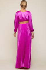 Magenta Satin Low Back Cutout Pleated Maternity Maxi Dress