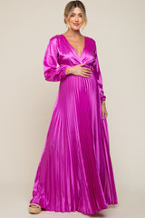 Magenta Satin Low Back Cutout Pleated Maternity Maxi Dress