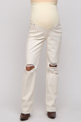 Cream Distressed Knee Maternity Jeans