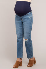 Blue Distressed Straight Leg Maternity Jeans