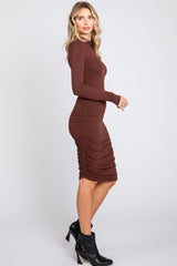 Brown Ribbed Mock Neck Ruched Long Sleeve Dress