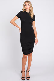 Black Ribbed Ruched Short Sleeve Dress