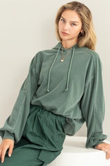 Green Faded Wash Drawstring Hoodie