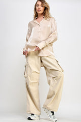 Beige Shimmer Satin Button Up Long Sleeve Blouse