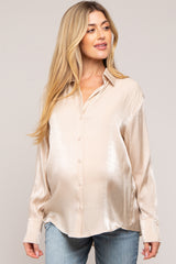 Beige Shimmer Satin Button Up Long Sleeve Maternity Blouse