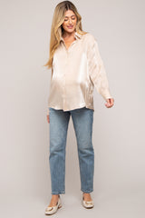 Beige Shimmer Satin Button Up Long Sleeve Maternity Blouse