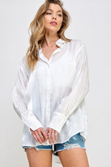 White Shimmer Satin Button Up Long Sleeve Maternity Blouse