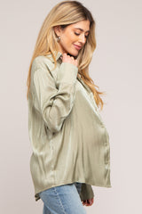 Light Olive Shimmer Satin Button Up Long Sleeve Maternity Blouse