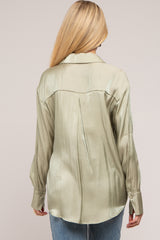 Light Olive Shimmer Satin Button Up Long Sleeve Maternity Blouse