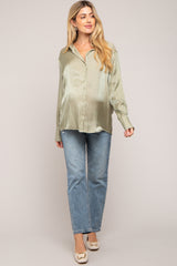 Light Olive Shimmer Satin Button Up Long Sleeve Maternity Blouse