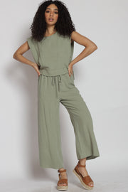 Olive Linen Top And Pants With Side Pockets