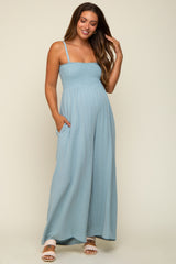 Light Blue Smocked Linen Wide Leg Maternity Jumpsuit