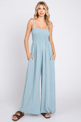 Light Blue Smocked Linen Wide Leg Jumpsuit