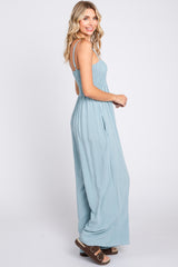 Light Blue Smocked Linen Wide Leg Jumpsuit