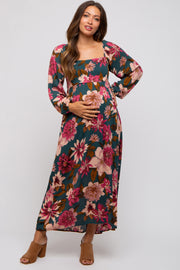 Forest Green Floral Long Sleeve Maternity Midi Dress