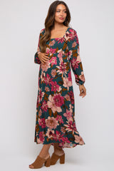 Forest Green Floral Long Sleeve Maternity Midi Dress