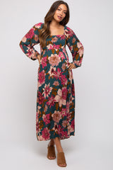 Forest Green Floral Long Sleeve Maternity Midi Dress