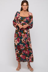 Forest Green Floral Long Sleeve Maternity Midi Dress