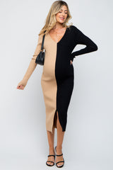 Black Colorblock Rib Knit Maternity Midi Dress