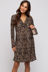 Taupe Printed Plisse Maternity Dress