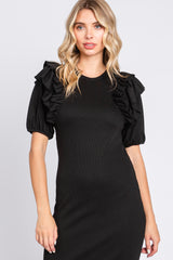 Black Ribbed Ruffle Midi Dress