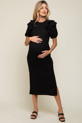 Black Ribbed Ruffle Maternity Midi Dress