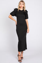 Black Ribbed Ruffle Midi Dress