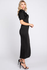 Black Ribbed Ruffle Midi Dress