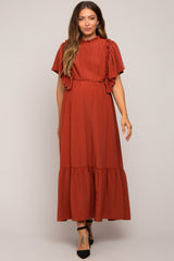 Rust Ruffle Pleated Maternity Maxi Dress