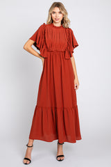 Rust Ruffle Pleated Maxi Dress