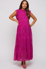 Fuchsia Animal Print Ruffle Mock Neck Tiered Maternity Midi Dress