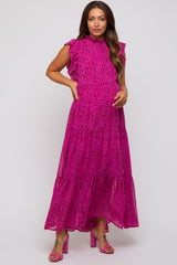 Fuchsia Animal Print Ruffle Mock Neck Tiered Maternity Midi Dress