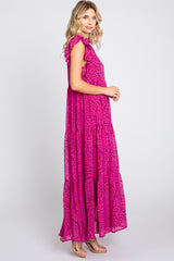 Fuchsia Animal Print Ruffle Mock Neck Tiered Midi Dress