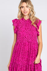 Fuchsia Animal Print Ruffle Mock Neck Tiered Midi Dress