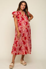 Red Paisley Flutter Sleeve Button Front Tiered Maternity Midi Dress