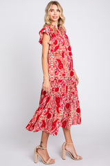 Red Paisely Flutter Sleeve Button Front Tiered Midi Dress